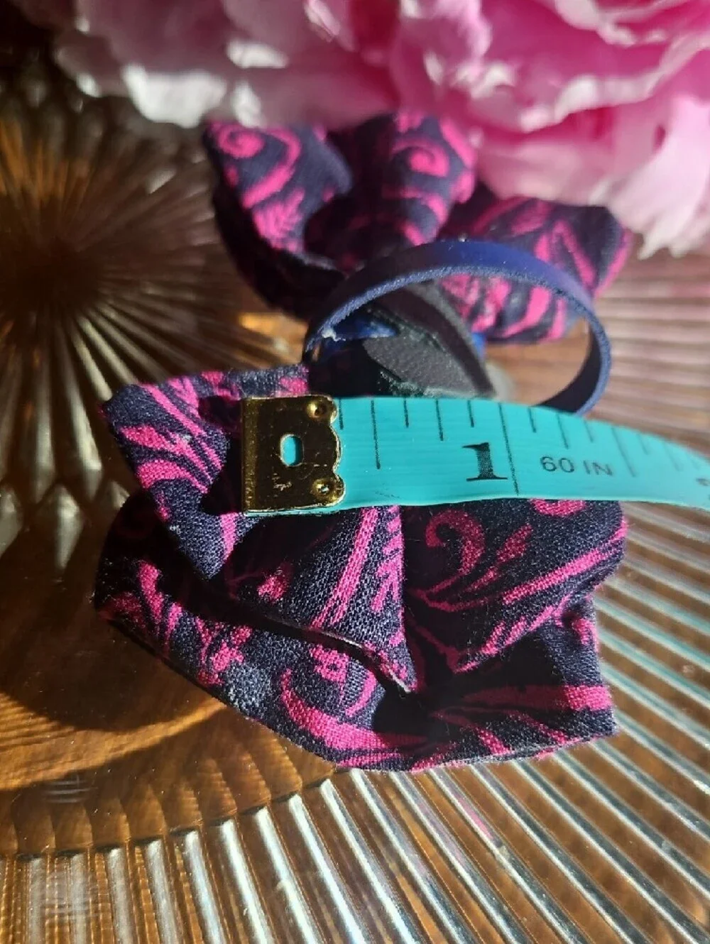 Hand Crafted Dog Collar Bow Tie Paisley Navy&Pink Flower Crystal NEW